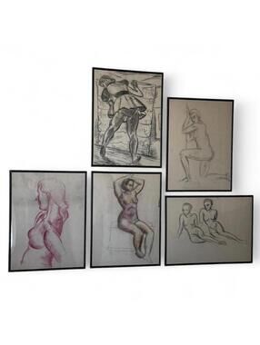 Set of Five Vintage Erotica Nude Art Drawings / Hand Sketches 1940 - 1950s
